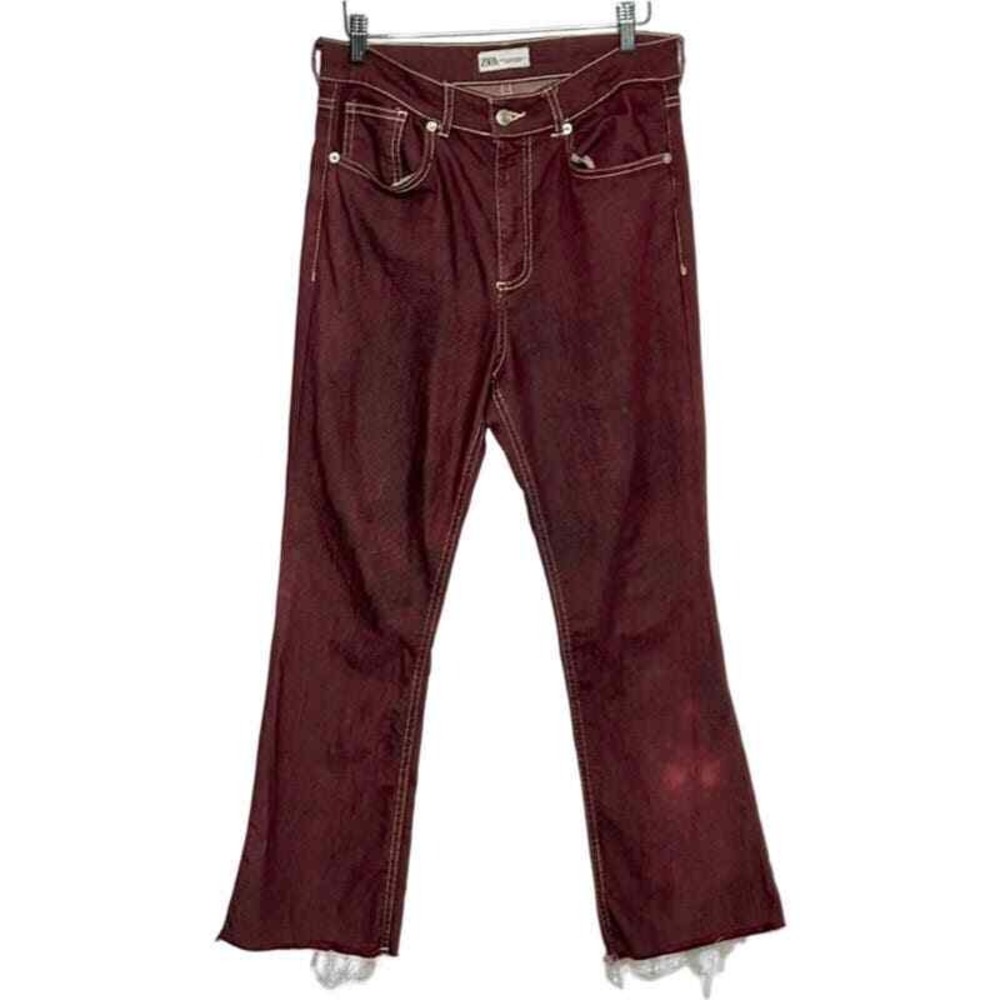 ZARA Women Burgundy Flare Jeans Size 8‎ High Rise Distressed Hem